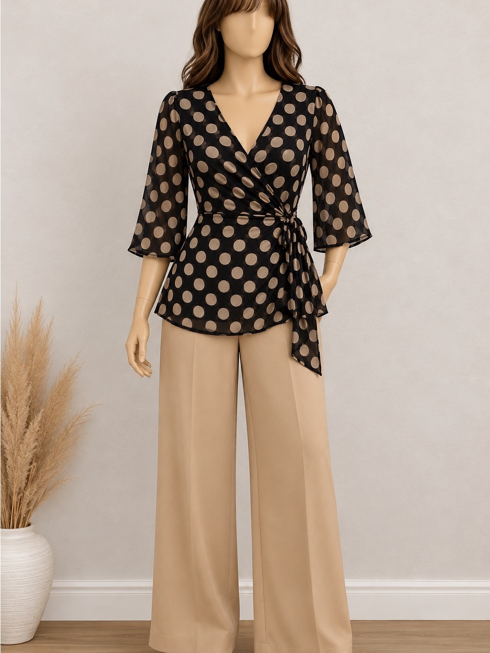 Alex Evenings Metallic Gold Polka Dot Wrap Blouse Women’s Size M